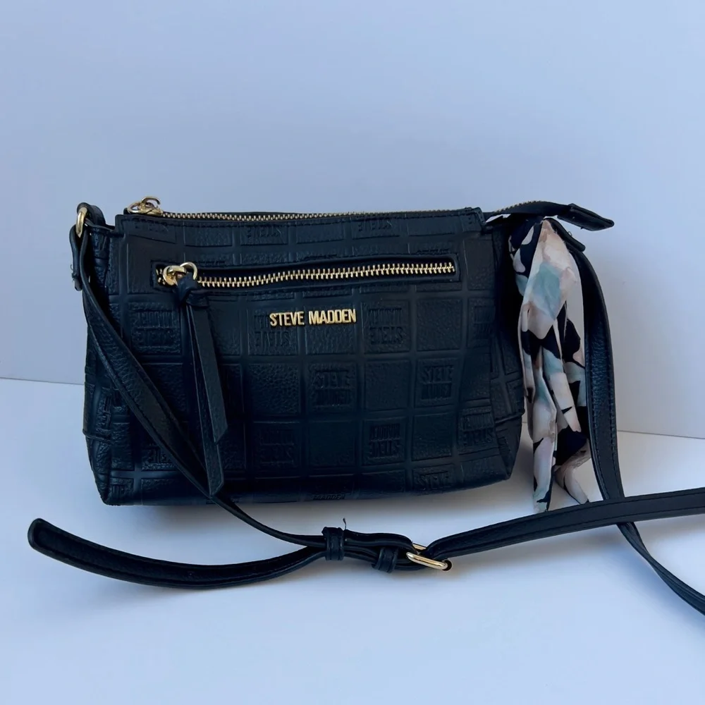 Steve Madden Embossed Black Crossbody Bag with Scarf Accent